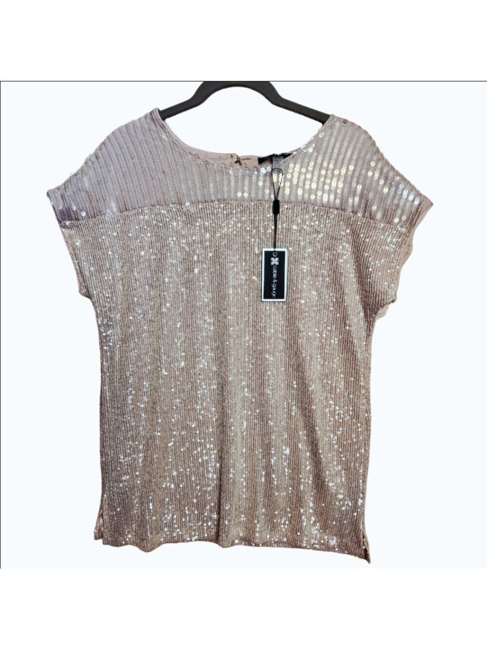 CABLE & GAUGE SHORT SLEEVE SEQUIN STRETCH T-SHIRT TOP SHIRT NWT SMALL TAN